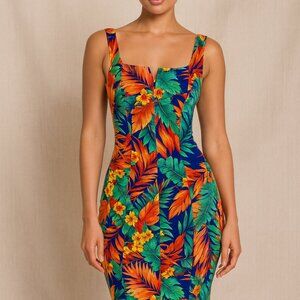 Cameo VTG Bodycon Dress Womens Large Colorful Floral Square Neck Resortwear 80s